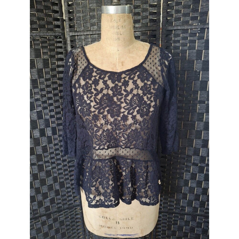 Hollister Lace Peplum Top Navy Blue Size Large Y2K Fairy Goth Floral Babydoll